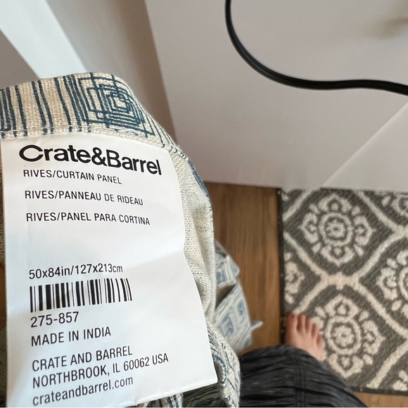Crate & Barrel 50x84 curtain panel tan with teal pattern - Picture 8 of 11